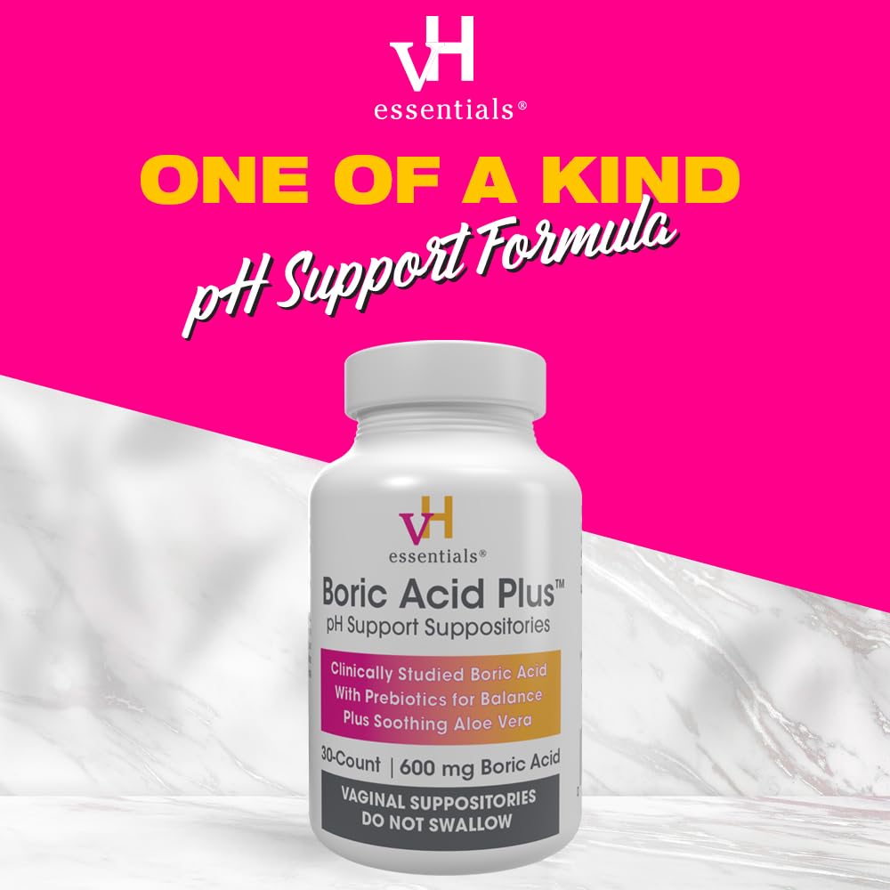 vH Essentials Boric Acid Plus Vaginal Suppositories, Prebiotic Infused with Soothing Aloe Vera, pH Support Formula Fights Odor and Promotes Freshness, 600mg Boric Acid, 30 Count vH essentials uk supplements