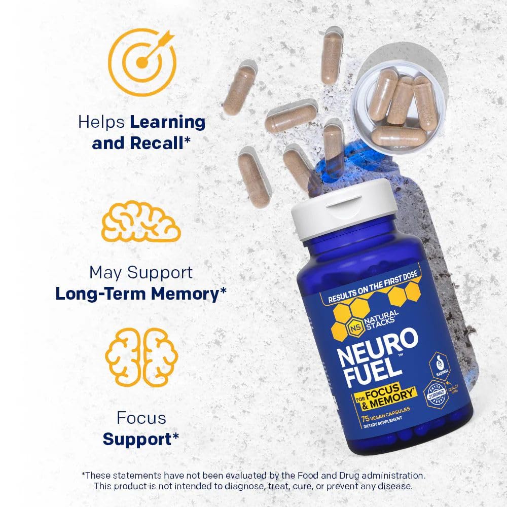 NATURAL STACKS Original NeuroFuel Nootropic Brain Support Supplement - 750mg L-Carnitine & 500mg L-Phenylalanine - Brain Supplement for Memory and Focus* - 75 Focus Pills NATURAL STACKS uk supplements