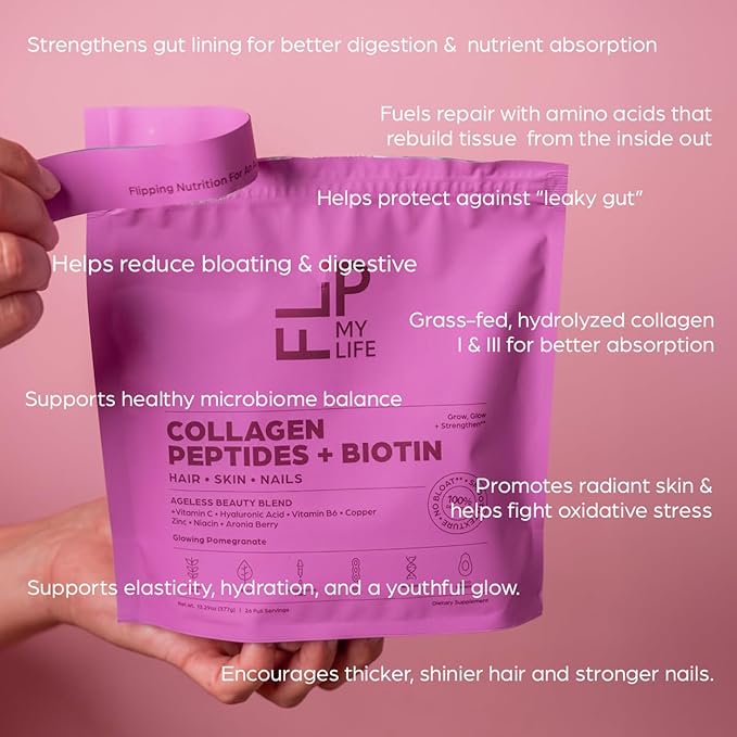 Flip My Life Collagen Peptides + Biotin, Hyaluronic Acid & Vitamin C - For Hair, Skin, Nails - Gut Health/Joint Support - Ageless Beauty Blend Supplement Powder for Men/Women - 9g Protein—26 Servings Flip My Life uk supplements