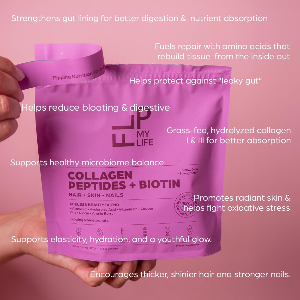 Flip My Life Collagen Peptides + Biotin, Hyaluronic Acid & Vitamin C - For Hair, Skin, Nails - Gut Health/Joint Support - Ageless Beauty Blend Supplement Powder for Men/Women - 9g Protein—26 Servings Flip My Life uk supplements