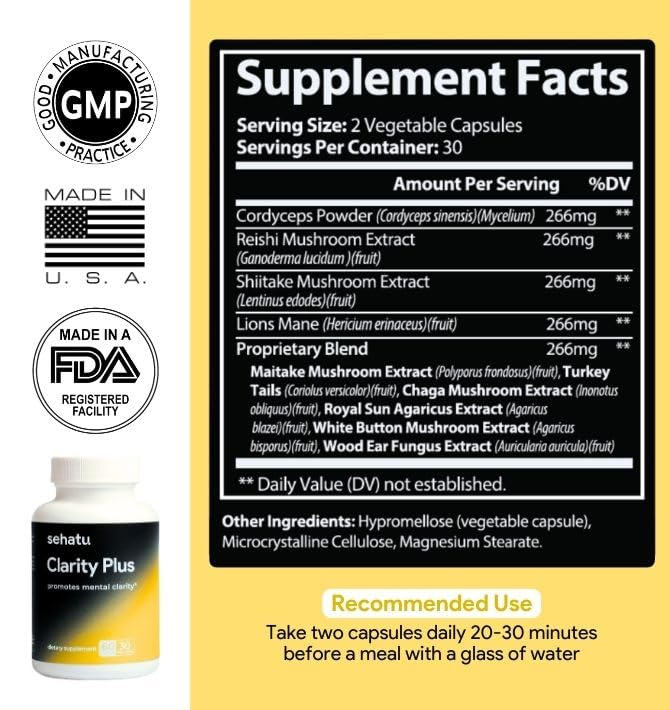 SEHATU Clarity Plus Cognitive Wellness Supplement | Packed with 10 Powerful Adaptogenic Mushrooms | Clear Brain Fog and Support Mental Clarity | 60 Count | 30 Day Supply SEHATU uk supplements