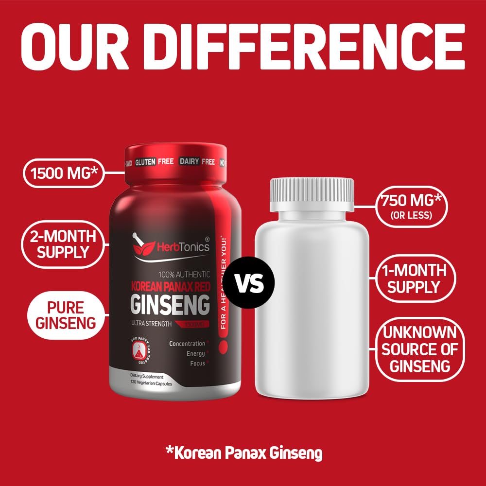 Herbtonics Korean Red Panax Ginseng 1500mg - Energy Supplement for Peak Performance, Focus & Vitality - High Potency Ginseng Root Extract - 240 Vegan Capsules Herbtonics uk supplements