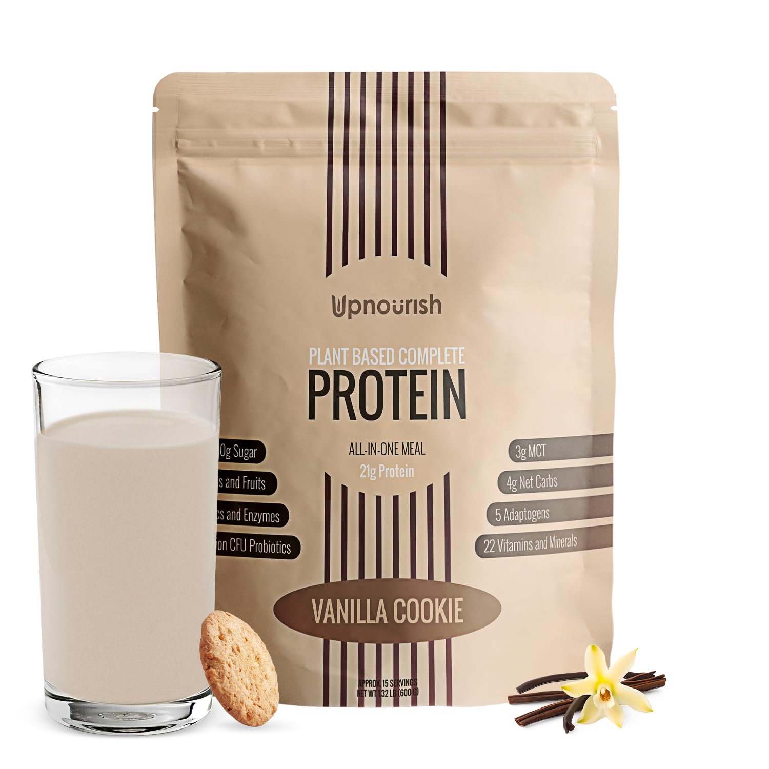 UpNourish Vanilla Cookie Vegan Protein Powder 54 Superfoods Powder,1.5 Billion CFU Probiotics 21g Plant Based Protein,No Sugar No Dairy No GMO Dairy Free,Meal Replacement Shake Keto-Friendly Low-Carb Diet,15 Servings UpNourish uk supplements