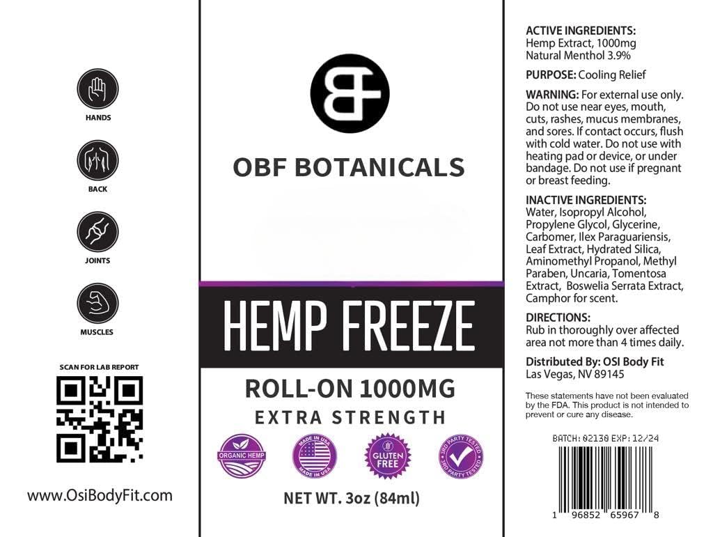 OBF Botanicals Hemp Roll On 3 Oz Instant Effect Topical Pain Relief Hemp Extract and Menthol Concentrated Roll On for Aching Muscles, Joint Relief, Ligaments - 1000mg OBF Botanicals uk supplements