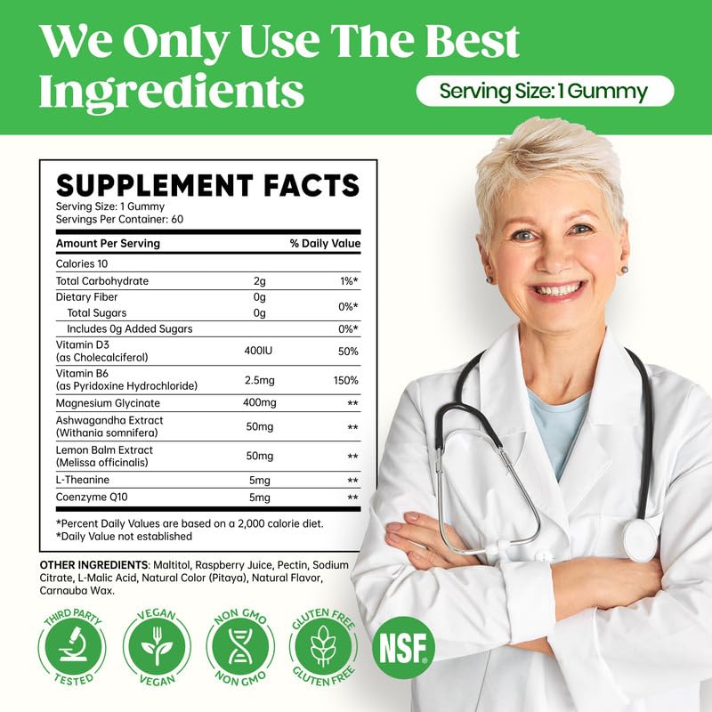 60 Day Supply Magnesium Glycinate 400mg Gummies with Ashwagandha, L-Theanine, CoQ10, Vitamin D3 & B6, Sugar Free Magnesium Gummies for Adults & Kids, Stress Relief, Sleep & Calm, Vegan, Gluten Free Venture Pal uk supplements