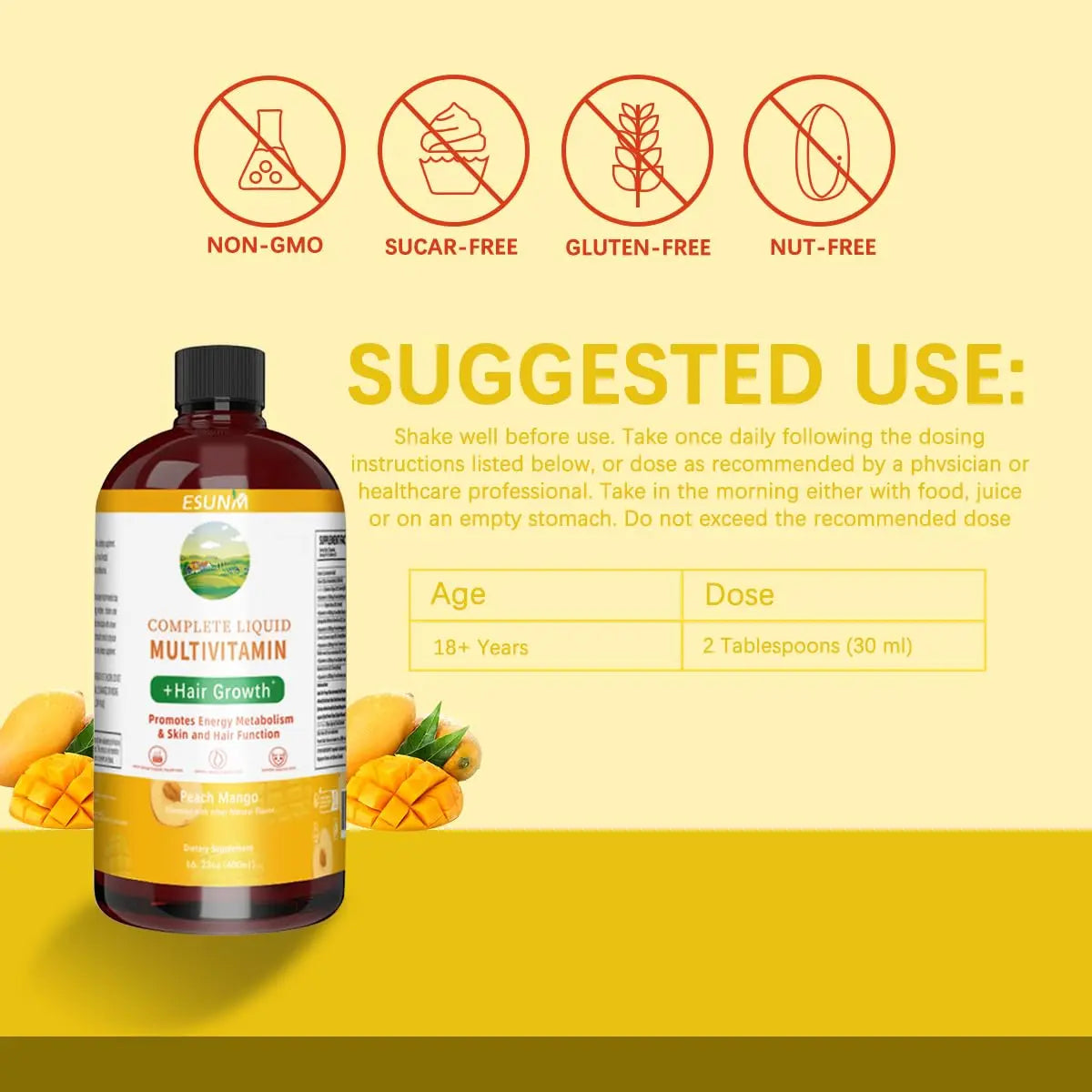 ESUNM Complete Liquid Multivitamin + Hair Growth, Promotes Energy Metabolism& Skin and Hair Function| Vitamin C D | B Vitamins | ESUNM uk supplements