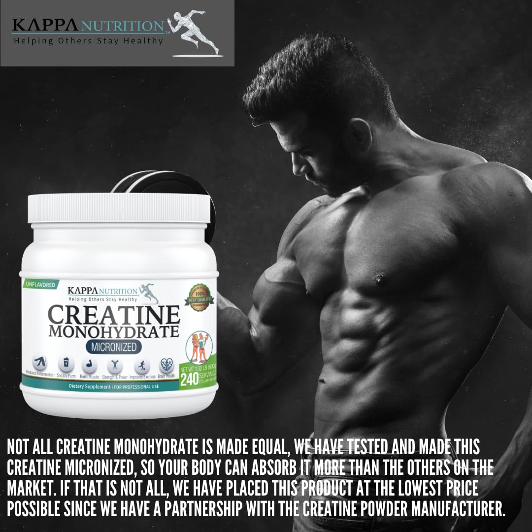 Kappa Nutrition Creatine Monohydrate Powder, Pure Amino Acid Formula, Supports Muscle Strength, Cellular Energy & Mental Focus* Gluten-Free, Keto, 2.25g per Scoop, 240 Servings, Net Wt. 1.32 LB (600g) KAPPA NUTRITION uk supplements