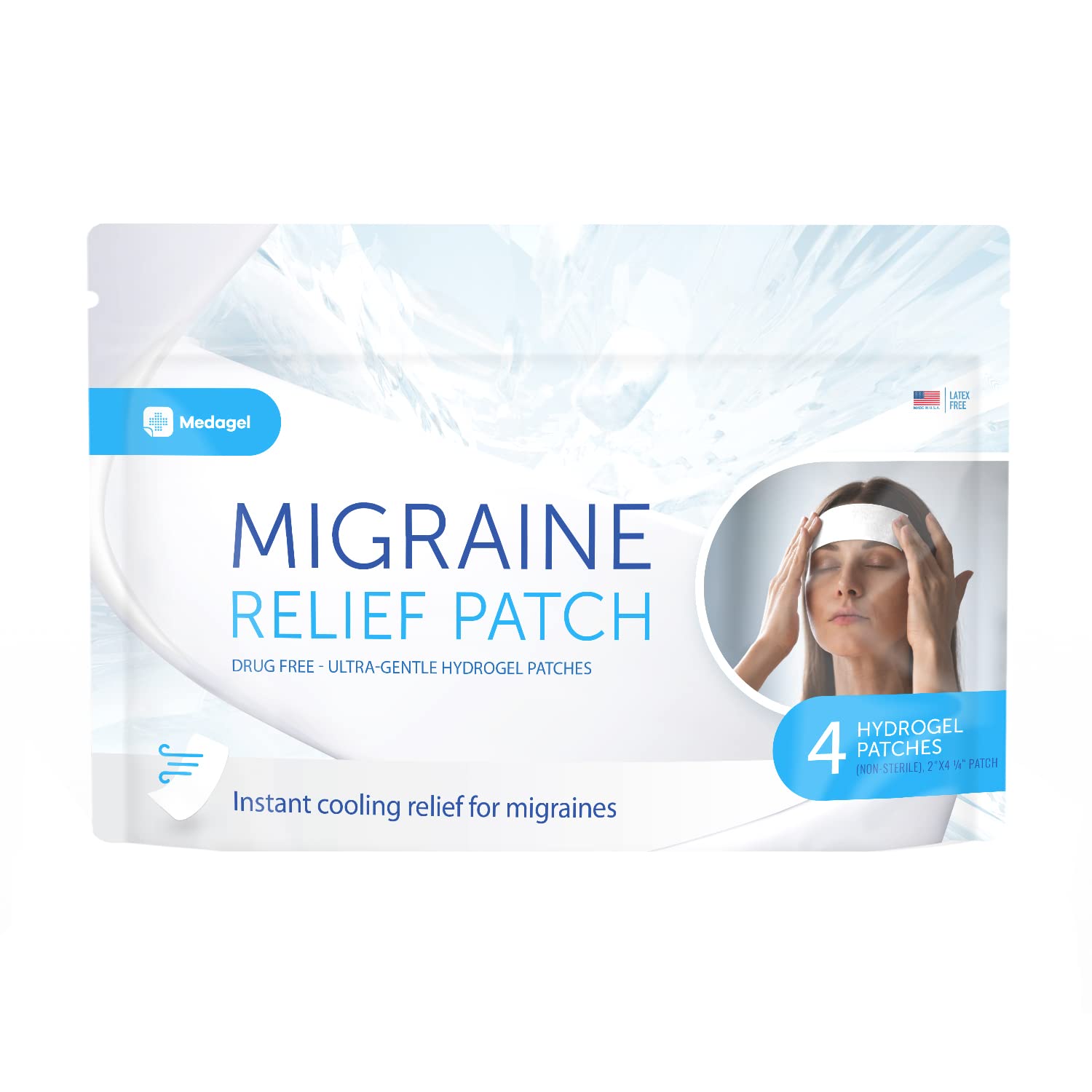 Medagel Migraine Relief Patch, Cooling Patches for Migraine, Fever, Hormone, & Headaches, Mess & Odor-Free Hydrogel Cooling, Made in The USA, 1 Pack (4 x Patches) White Medagel uk supplements