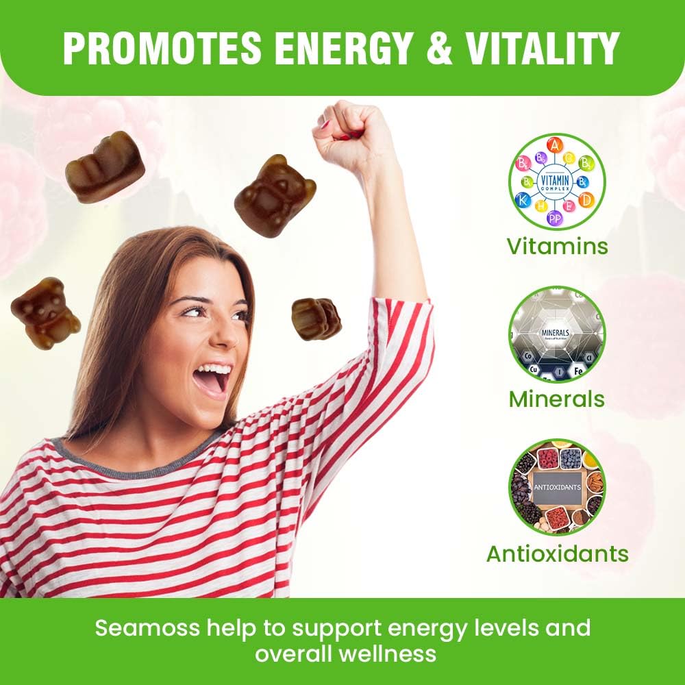 Safrel Irish Sea Moss Gummies 3000mg with Bladderwrack and Burdock Root, Thyroid Energy and Immune Support, Vegan Raspberry Flavor, 60 Gummies Safrel uk supplements