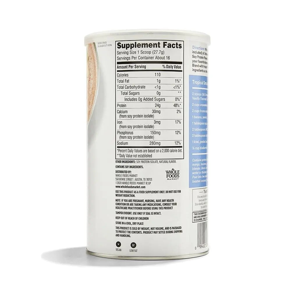 365 by Whole Foods Market, Soy Protein Powder, Unsweetened Vanilla Flavor, 15.63 oz 365 by Whole Foods Market uk supplements