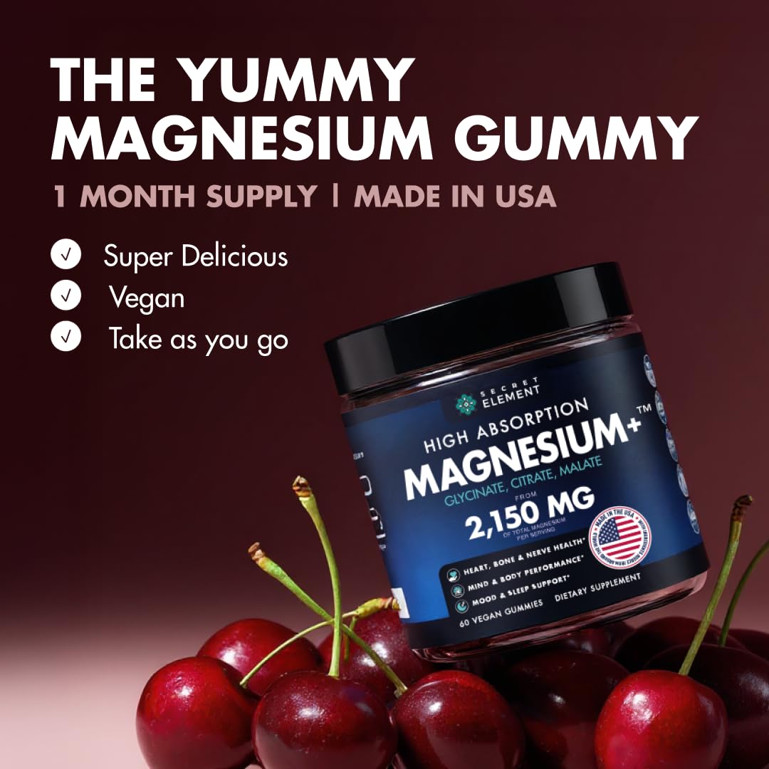 Magnesium Gummies 3in1 - Glycinate, Citrat, Malate 2150 MG High Absorption Supplement, Sugar-Free, Vegan, Chews for Men & Women, Inspired by Wellness Traditions Like Arjuna, 60 Gummies, Cherry Flavor Secret Element uk supplements