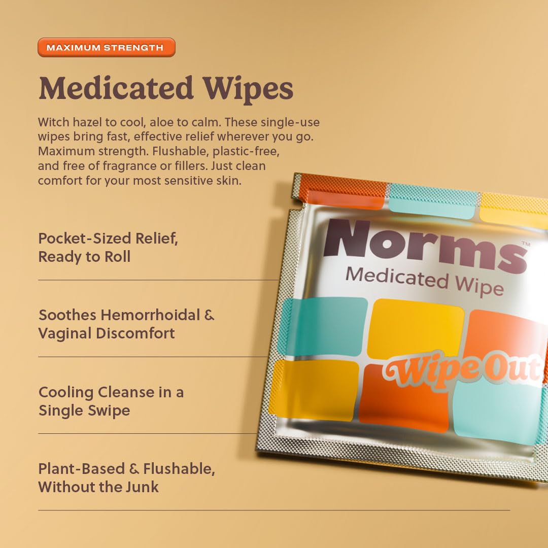 Norms Wipe Outs Hemorrhoid Wipes, 24 Individually Wrapped Witch Hazel Wipes with Aloe to Soothe and Cool Itching, Burning and Irritation, Flushable Septic Safe, Plant Based & Plastic-Free Norms uk supplements