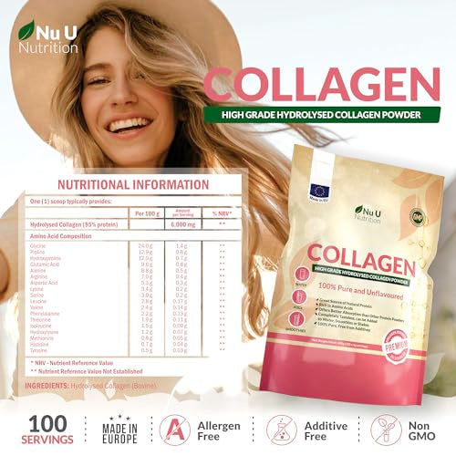 Collagen Powder 600g - 100 Servings - High Grade Pure Bovine 100% - Collagen Peptides Hydrolysate Nu U Nutrition uk supplements