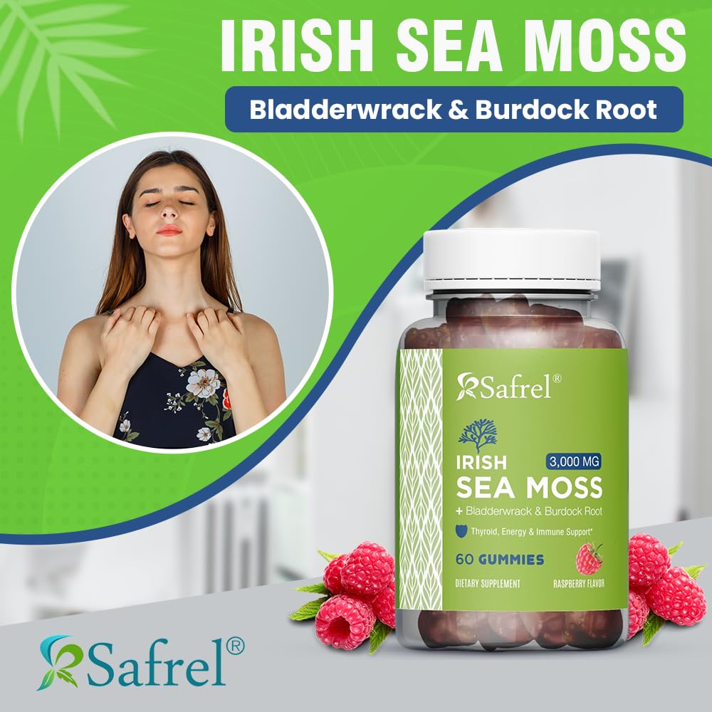 Safrel Irish Sea Moss Gummies 3000mg with Bladderwrack and Burdock Root, Thyroid Energy and Immune Support, Vegan Raspberry Flavor, 60 Gummies Safrel uk supplements