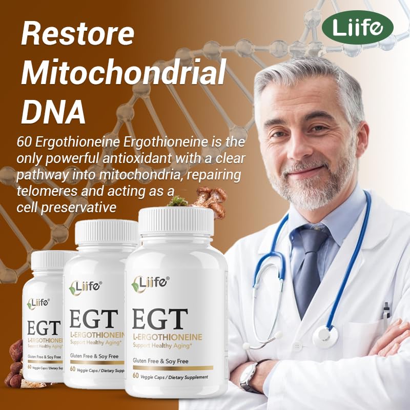 LIIFE L-Ergothioneine Supplement (EGT) 30mg,Compound Antioxidant Supplement (May Support Longevity and Healthy Aging) Promotes Skin Health，60 Capsules，Non-GMO, Gluten Free, Vegan Safe LIIFE uk supplements