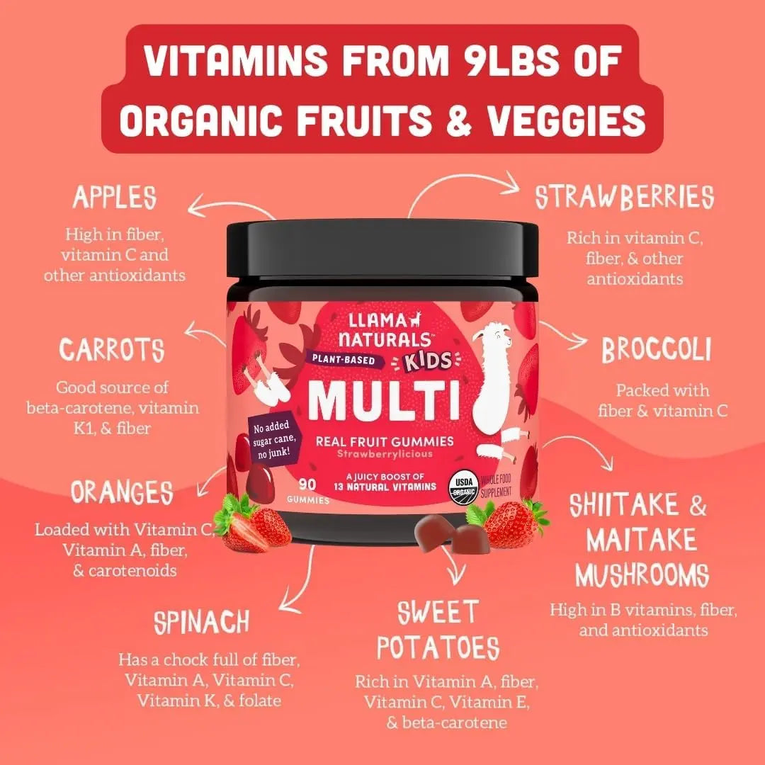 Llama Naturals Real Fruit Multivitamin Gummies | Kids & Women's Whole Food-Based Vitamins | No Added Cane Sugar | Llama Naturals uk supplements