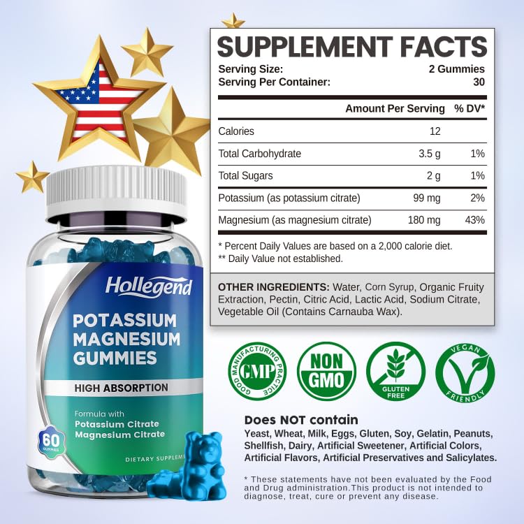 HOLLEGEND Potassium Magnesium Gummies, High Absorption Potassium Citrate 99mg Magnesium Citrate 180mg, Chewable Gummy Supplements for Leg Cramps & Muscle, 60 Count HOLLEGEND uk supplements