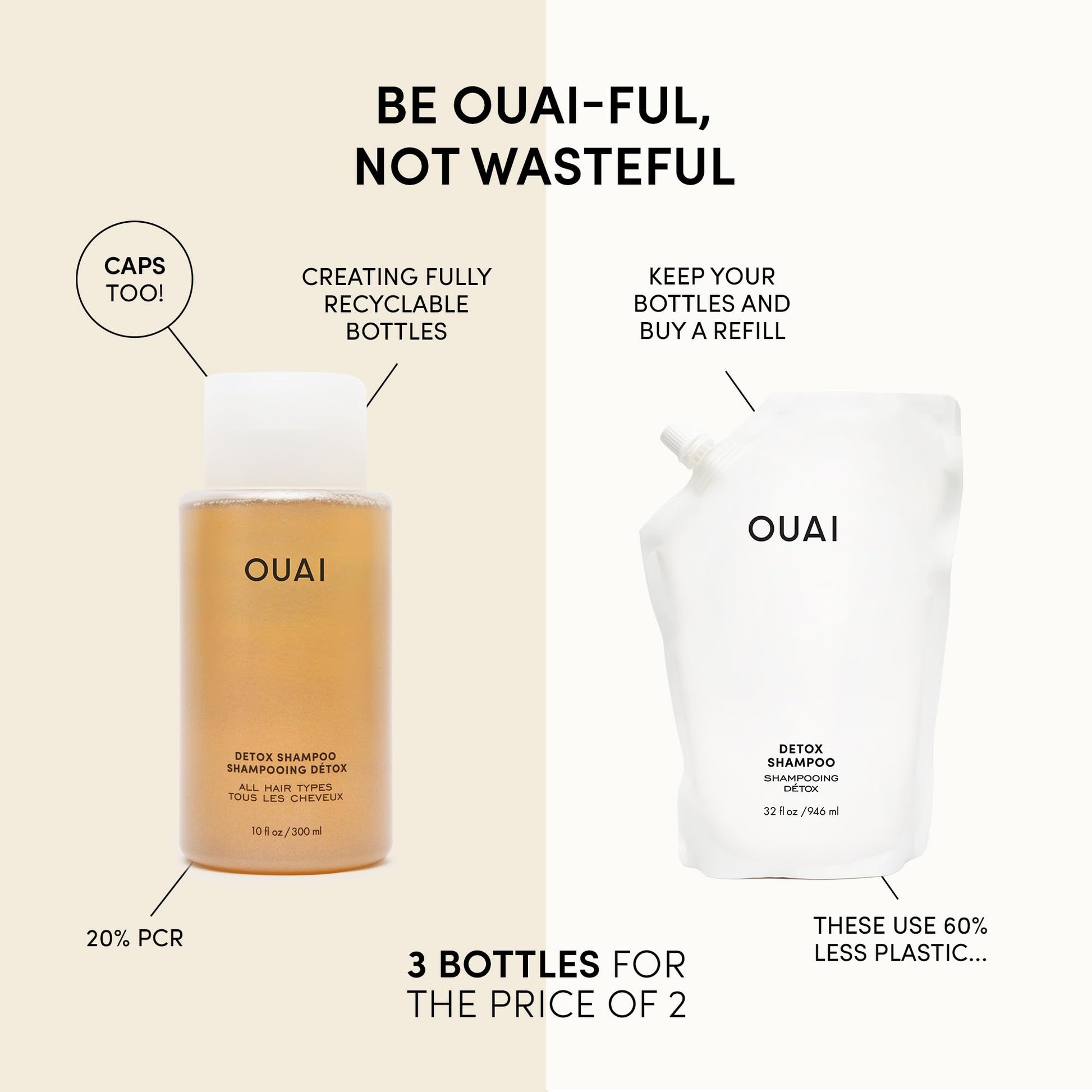 OUAI Detox Shampoo + Refill - Clarifying Shampoo for Build Up, Oil, Product & Hard Water - Apple Cider Vinegar & Keratin for Clean, Refreshed Hair - Sulfate Free Hair Care (2 Count, 10 Oz/32 Oz) OUAI uk supplements