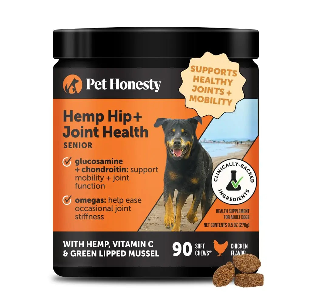 Senior Hemp Hip and Joint Supplement for Dogs - Glucosamine Chondroitin, MSM & Green Lipped Mussel - Relief for Joint Stiffness, Advanced Strength Mobility Support for Senior Dogs (Chicken, 90 Ct) Pet Honesty uk supplements