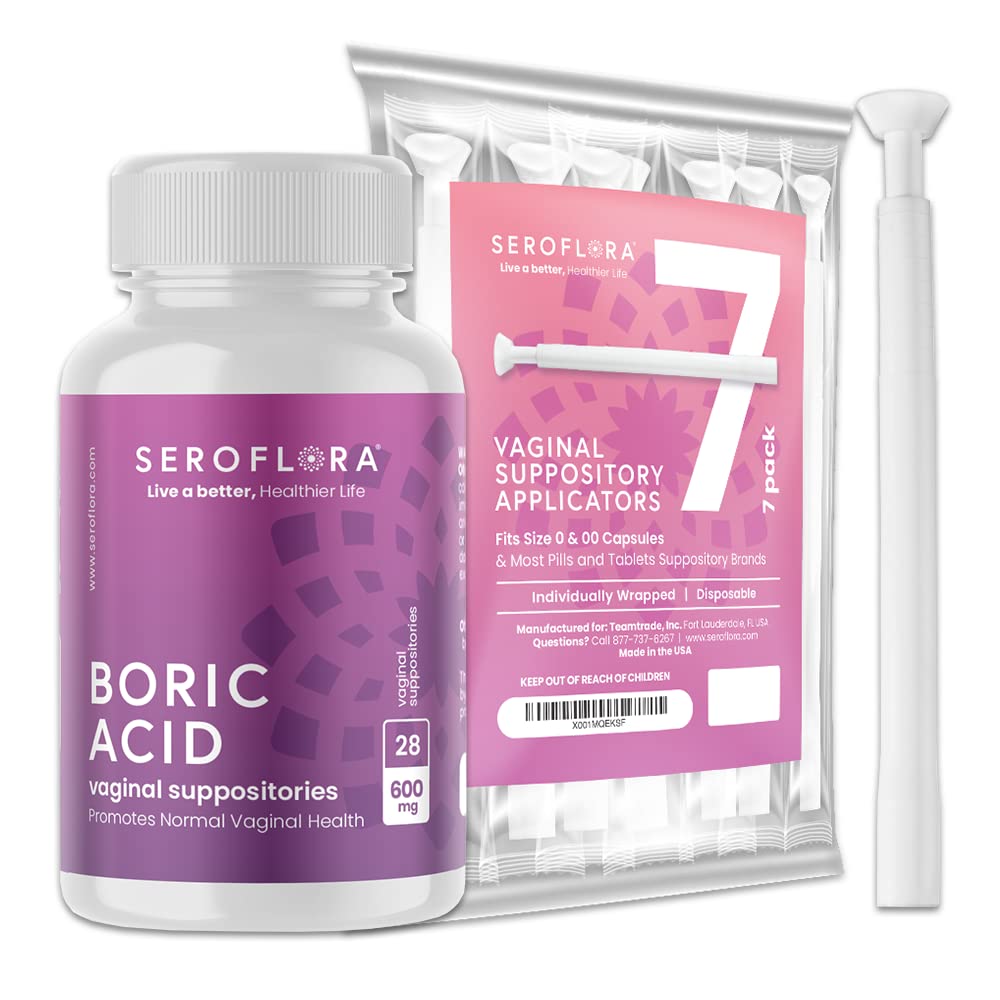 Seroflora Boric Acid Vaginal Suppositories 600mg – 30 Count with 7 Applicators for Odor Control & pH Balance Feminine Hygiene Support, Natural Intimate Care, Made in USA SEROVERA uk supplements