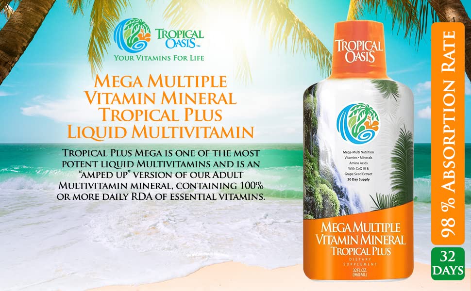 Tropical Oasis Mega Plus - Liquid Multivitamin and Mineral Supplement – Includes 85 Vitamins & Minerals, 20 Amino Acids + CoQ10, Grape Seed Extract & Organic Aloe Vera - 32oz, 32 Servings, 33460 Tropical Oasis uk supplements