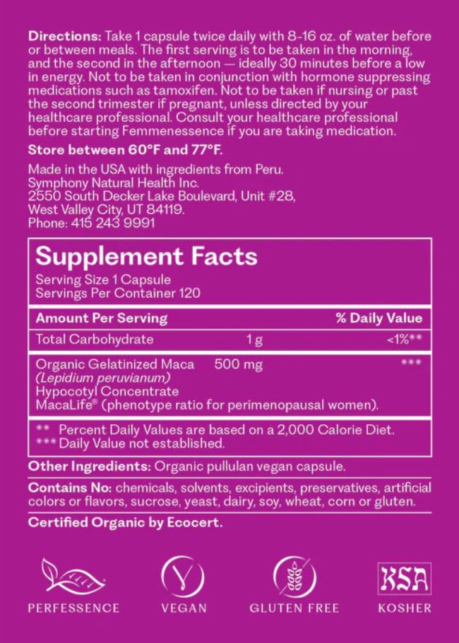 Femmenessence® MacaLife® – Clinically Proven Perimenopausal Organic Vegan Supplement for Natural Hormone Balance, Symptom Relief, Heart & Mood Support (120 Capsules, 60 Day Supply) Natural Health International uk supplements