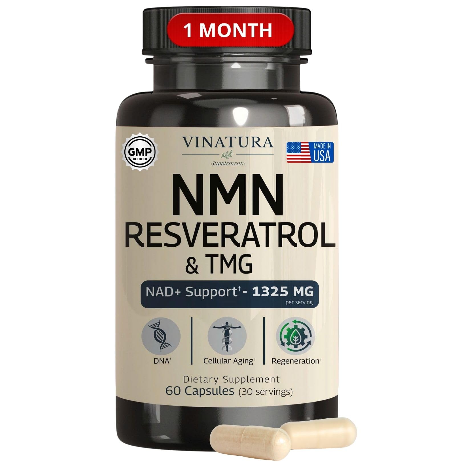 VINATURA NMN Complex Supplement 1325MG - NMN 1000mg with Resveratrol and TMG, Support NAD+, 60 Capsules VINATURA uk supplements
