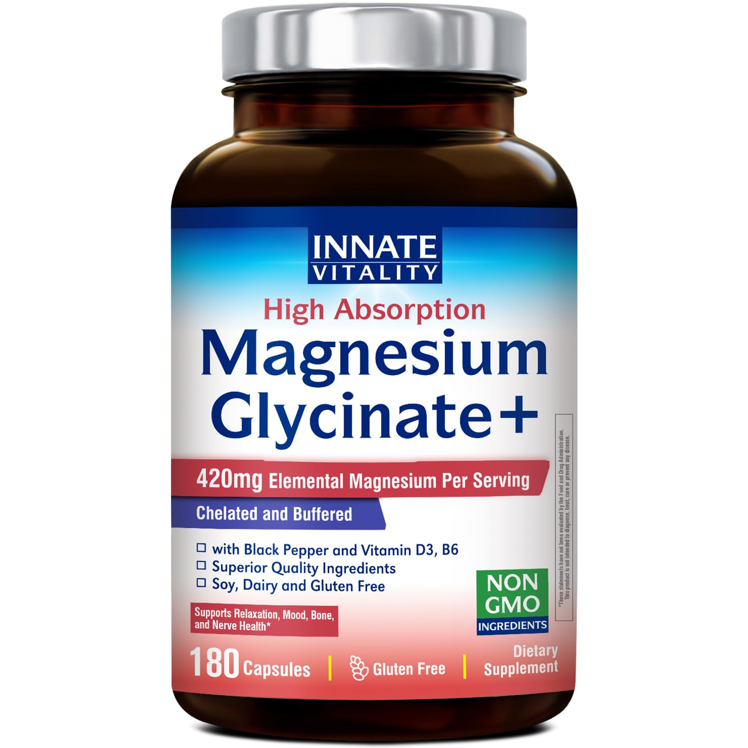 Innate Vitality Magnesium Glycinate Complex, 420mg Elemental Magnesium Per Serving, Enhanced Absorption, Black Pepper, Vitamin D3 & B6, Sleep Mood Bone Nerve Support, 180 Caps Innate Vitality uk supplements