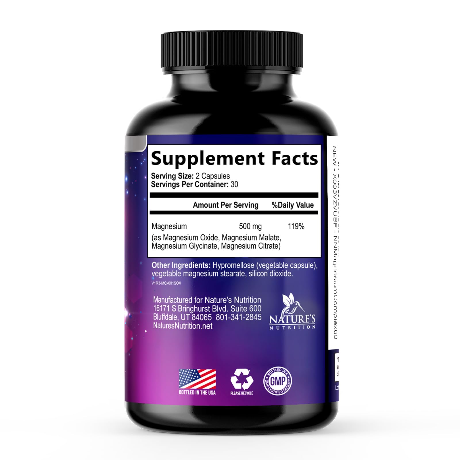 Magnesium Complex Supplement - Magnesium 500 mg Per Serving - 4 in 1 High Absorption Blend - 100% Chelated Magnesium Glycinate with Malate, Citrate & Oxide - Vegan Complex - USA Bottled - 60 Capsules Nature's Nutrition uk supplements
