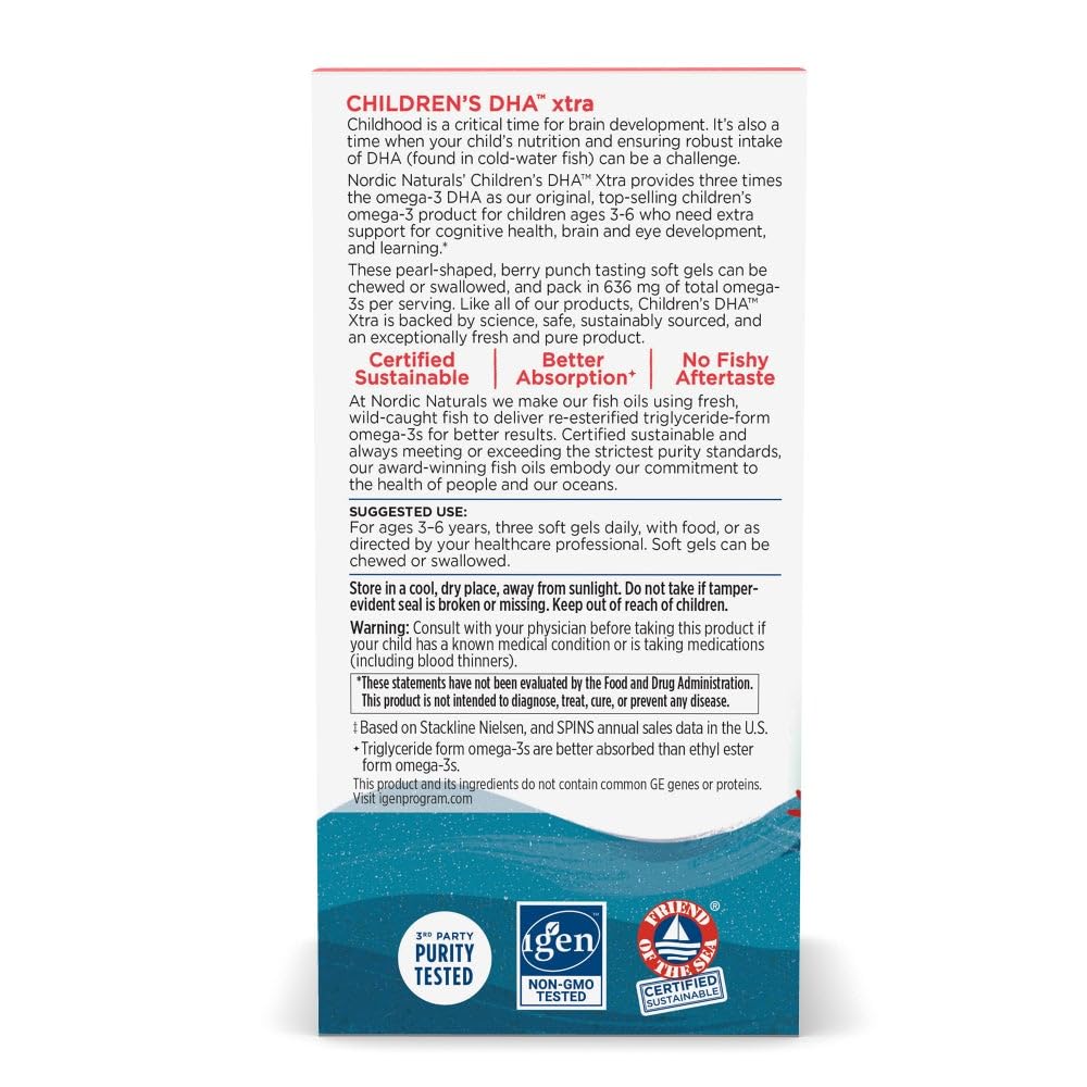 Nordic Naturals Children’s DHA Xtra, Berry Punch - 90 Mini Chewable Soft Gels for Kids - 636 mg Omega-3s EPA & DHA - Cognitive & Immune Function, Learning, Social Development - Non-GMO - 30 Servings Nordic Naturals uk supplements