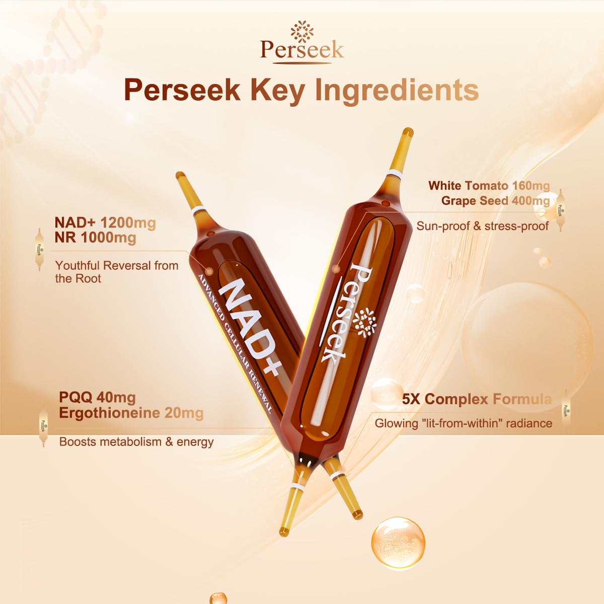 Perseek NAD+ 1200mg Liquid Supplement with Nicotinamide Riboside, PQQ & Grape Seed Extract for Cellular Vitality, Energy Metabolism & Antioxidant Support – 10 Liquid Vials Perseek uk supplements