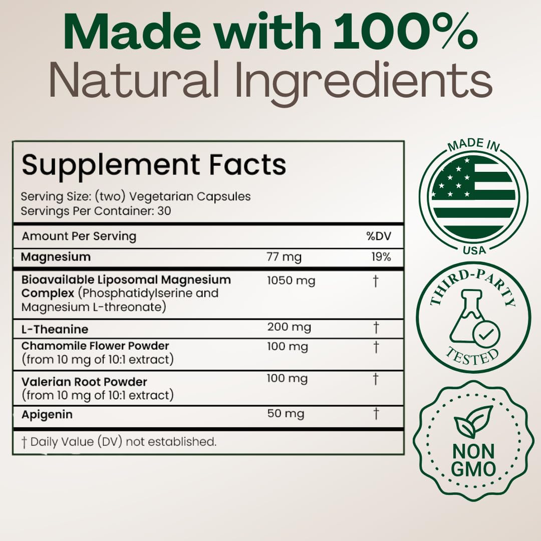 MAGPLUS+ Magnesium L-Threonate w Apigenin & L Theanine | 7-Ingredient Sleep Blend | Brain, Memory, & Sleep Support | Liposomal Magnesium Threonate Supplement (60 Capsules) Plus+Ultra uk supplements