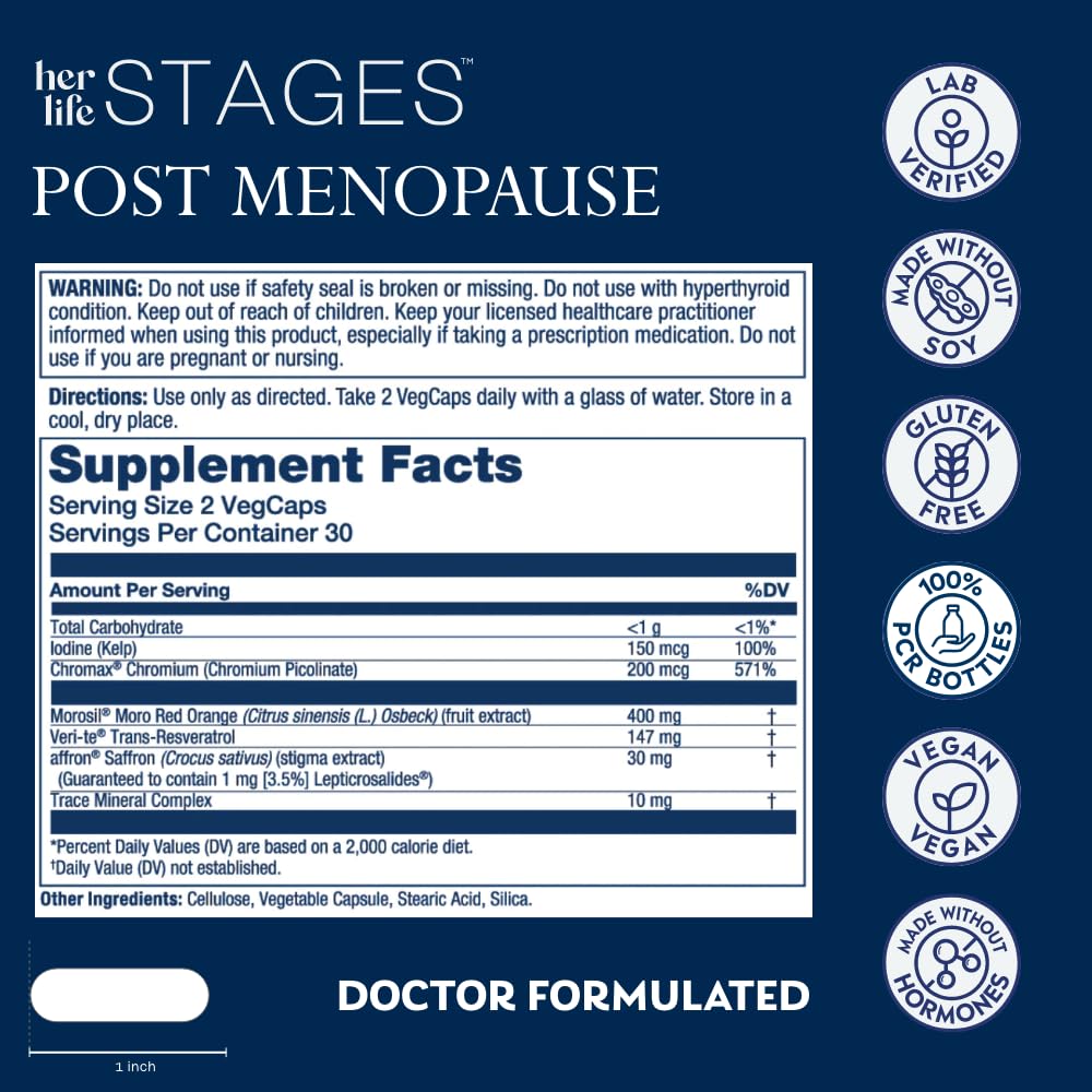 SOLARAY Postmenopause her Life Stages - Post Menopause Supplements for Women with Resveratrol - Vegan and Made Without Hormones - 60-Day Guarantee - Vegan, Lab Verified - 30 Servings, 60 VegCaps SOLARAY uk supplements