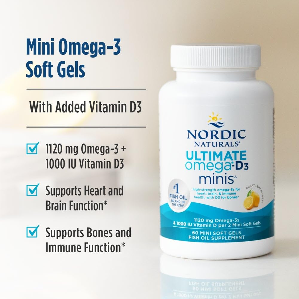 Nordic Naturals Ultimate Omega Mini D3, Lemon Flavor - 60 Mini Soft Gels - 1120 mg Omega-3 + 1000 IU Vitamin D3 - EPA & DHA - Promotes Brain & Heart Health - 30 Servings Nordic Naturals uk supplements