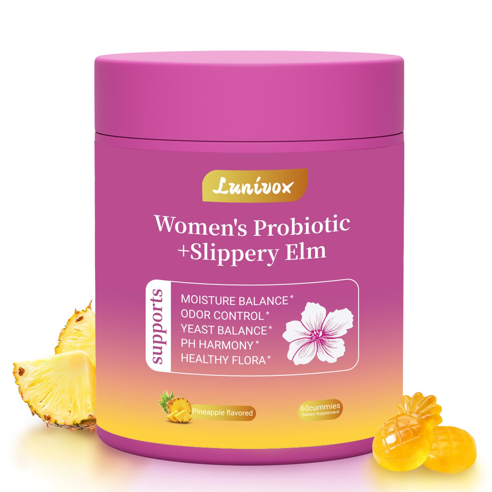 Lunivox Her Juicy Feminine Probiotics Gummies for Women, with Prebiotics & Slippery Elm - Promotes pH Balance, Gut Health & Immune Support - Pineapple Flavor, 60 Count Lunivox uk supplements