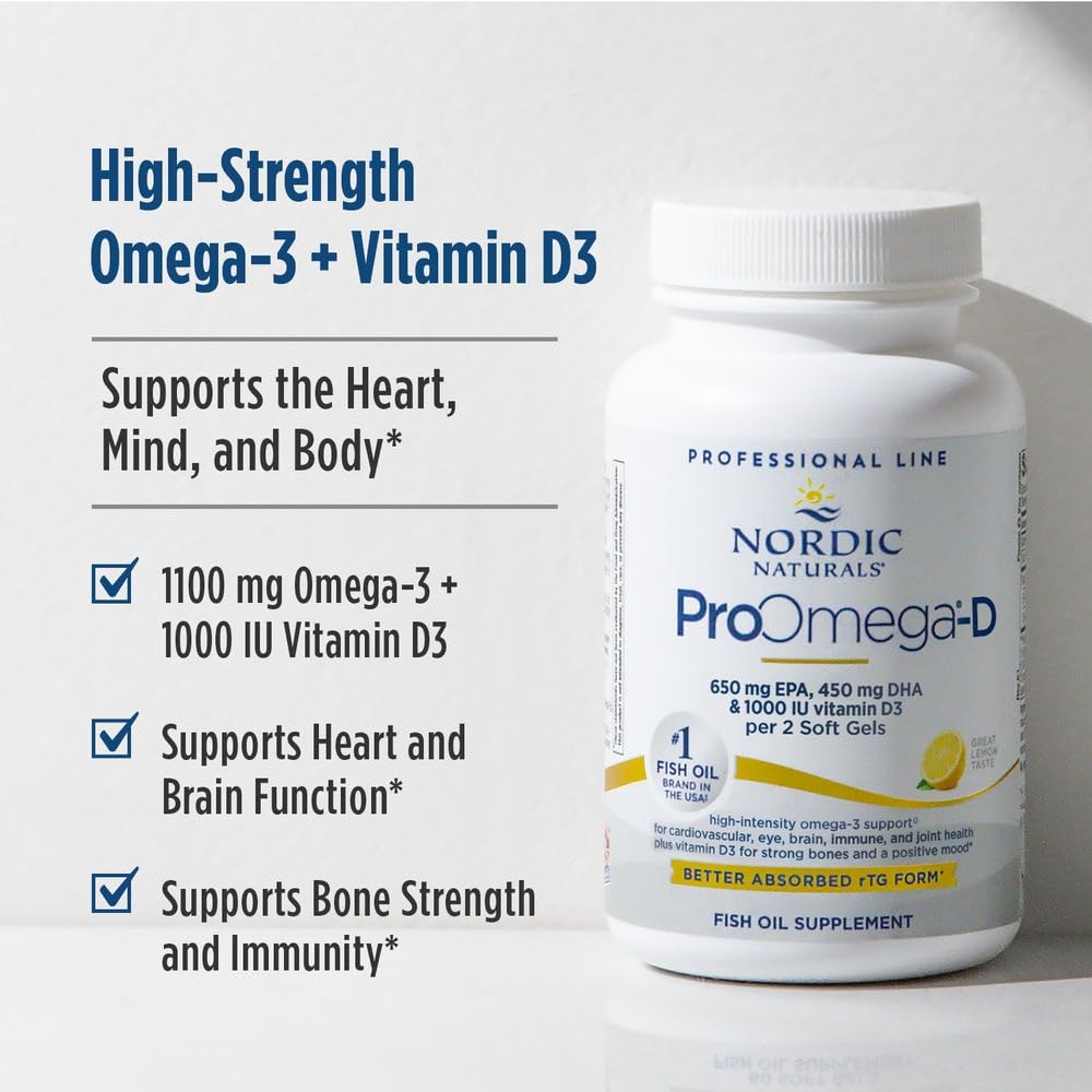 Nordic Naturals ProOmega-D, Lemon Flavor - 120 Soft Gels - 1280 mg Omega-3 + 1000 IU D3 - High-Potency Fish Oil - EPA & DHA - Brain, Eye, Heart, & Immune Health - Non-GMO - 60 Servings Nordic Naturals uk supplements