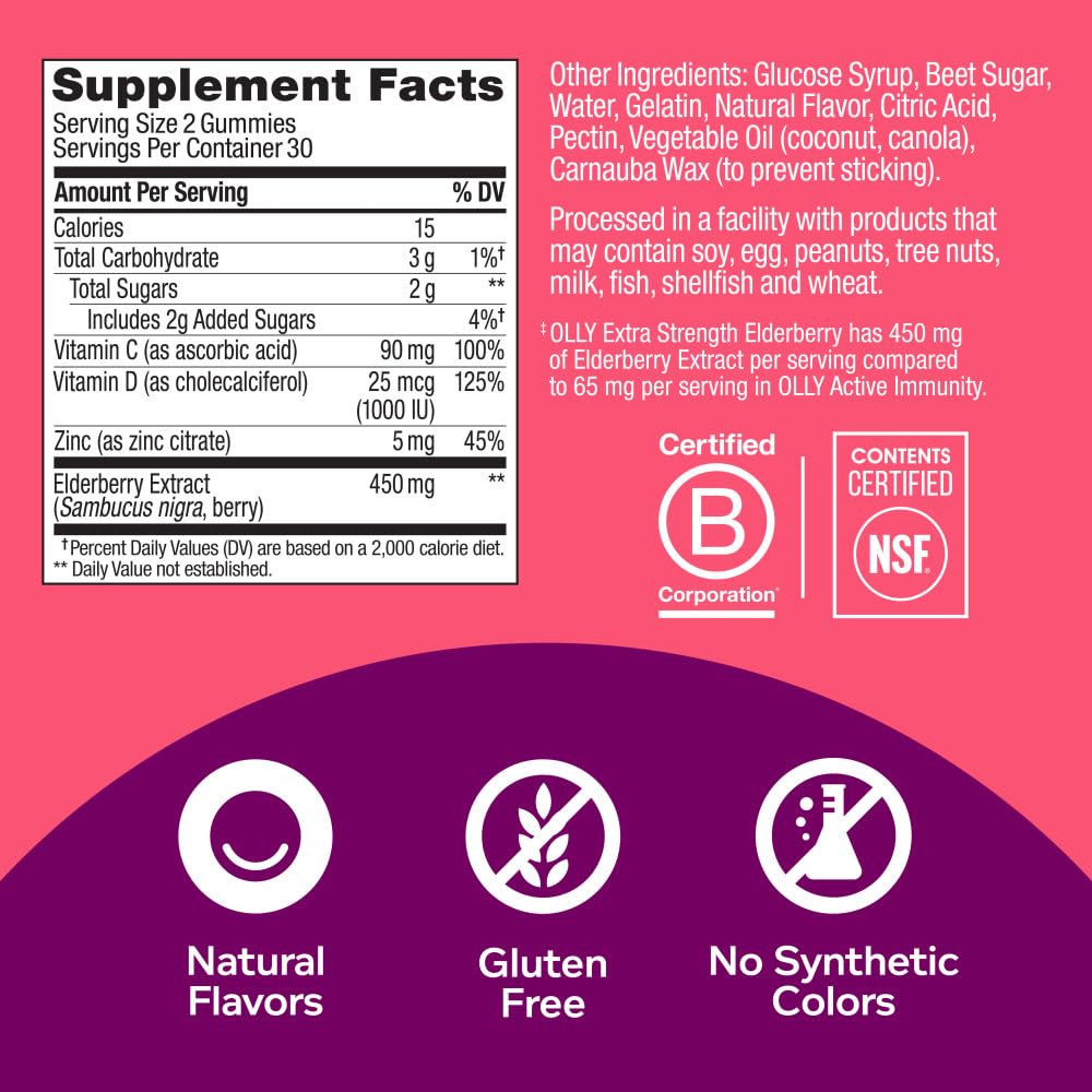 OLLY Extra Strength Elderberry Gummies, Immune Support, 450mg Elderberry, Vitamin C OLLY uk supplements