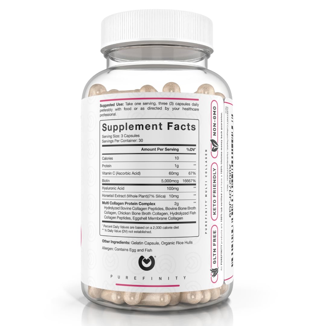 PUREFINITY Collagen Peptides for Women – Type I, II, III, V & X with Biotin & Hyaluronic Acid, Supports Healthy Skin, Bones, Hair & Nails – Non-GMO, Grass-Fed (90 Capsules, 1 Month Supply) PUREFINITY uk supplements