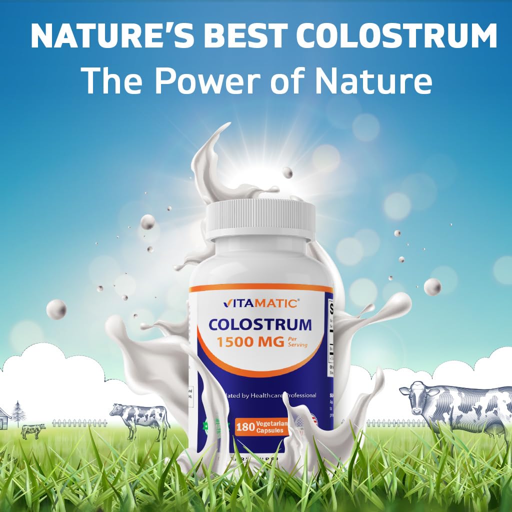 Vitamatic Bovine Colostrum 30% IgG Supplement 1500 mg per Serving - Supplement for Gut Health, Hair Growth, Beauty, Muscle Recovery, & Immune Support - 180 Veg Capsules Vitamatic uk supplements