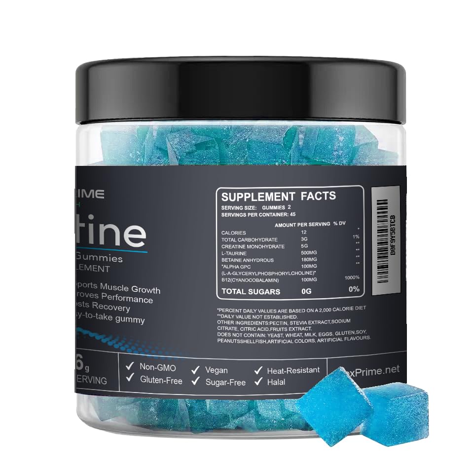 FlexPrime Creatine Gummies Sugar Free - 6g Creatine Monohydrate + L-Taurine, Alpha GPC, Betaine | Vegan Halal Blueberry Chews for Lean Muscle, Strength, Brain Health | Men Women 90 Count FlexPrime uk supplements