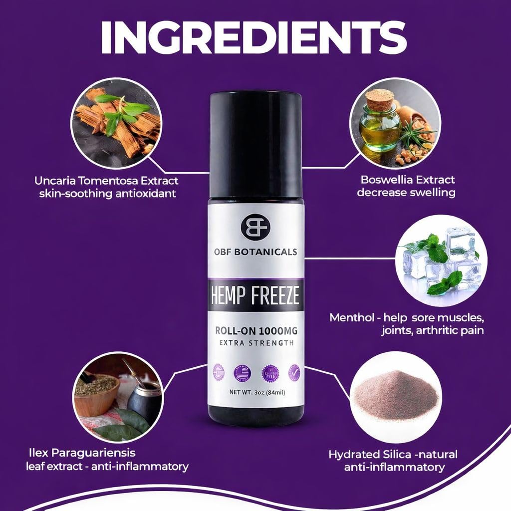 OBF Botanicals Hemp Roll On 3 Oz Instant Effect Topical Pain Relief Hemp Extract and Menthol Concentrated Roll On for Aching Muscles, Joint Relief, Ligaments - 1000mg OBF Botanicals uk supplements