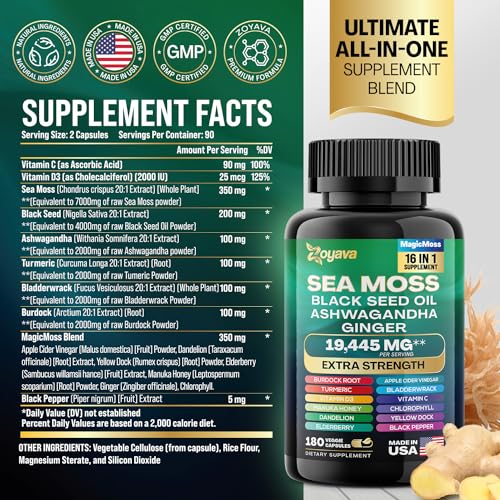 Sea Moss 7000mg Black Seed Oil 4000mg Ashwagandha 2000mg Turmeric 2000mg Zoyava uk supplements