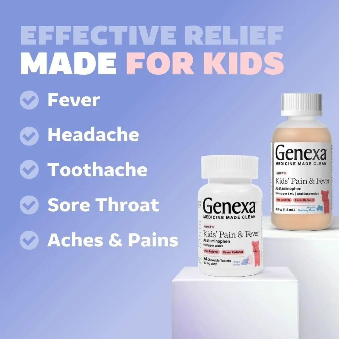 Genexa Kids' Clean Pain & Fever Acetaminophen Bundle | Relieves Fever & Minor Aches and Pain | Dye Free, 0% Artificial Additives | Chewable Tablets & Liquid Oral Suspension for Children Aged 2-11 Genexa uk supplements