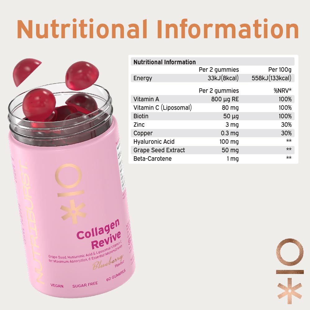 Nutriburst - Vegan Collagen Revive Gummies - Biotin (100µg), Hyaluronic Acid (100mg) + Vitamin C (80mg) Nutriburst uk supplements