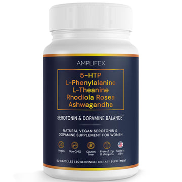 5-HTP Serotonin & Dopamine Support Complex with L-Theanine, L-Phenylalanine, Ashwagandha, Rhodiola B-Vitamins & Adaptogenic Herbal Blend – Mood & Stress Support for Women – Natural Vegan Non GMO AMPLIFEX uk supplements