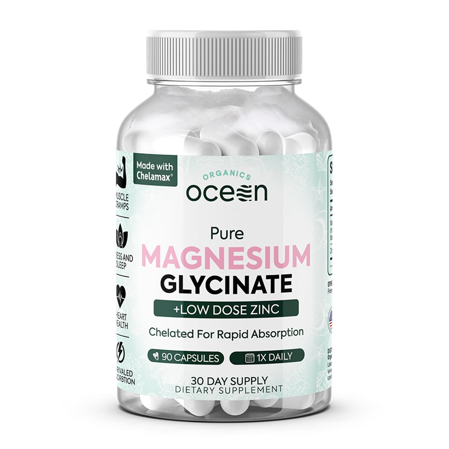 Organics Ocean Pure Magnesium Glycinate with Zinc - Maximum Strength Chelated Magnesium Supplement for Women and Men for Muscle Cramps and Sleep Support - 90 Capsule Organics Ocean uk supplements