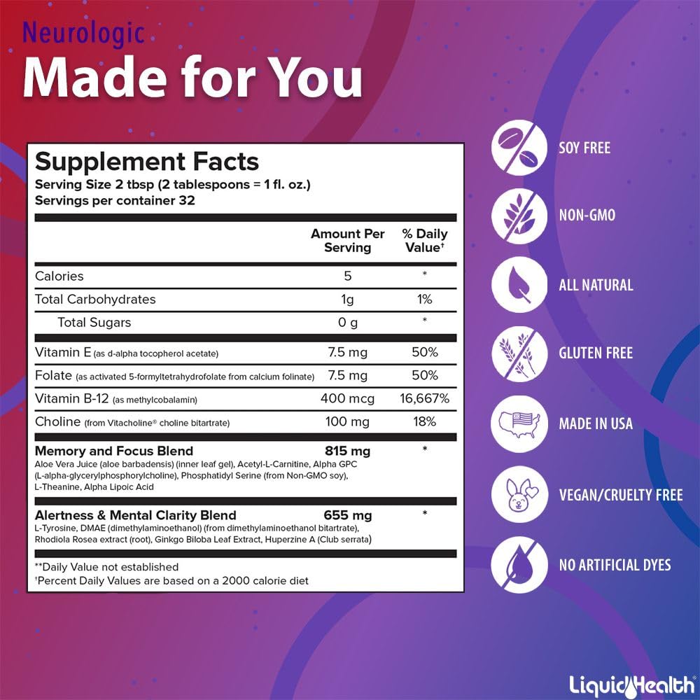LIQUIDHEALTH Neurologic Focus Supplement - Brain Booster Nootropic Supplement for Cognitive Function, Memory & Focus with Ginkgo Biloba, Choline, L-Theanine & Phosphatidylserine - USA Made (2 Pack) LIQUIDHEALTH uk supplements
