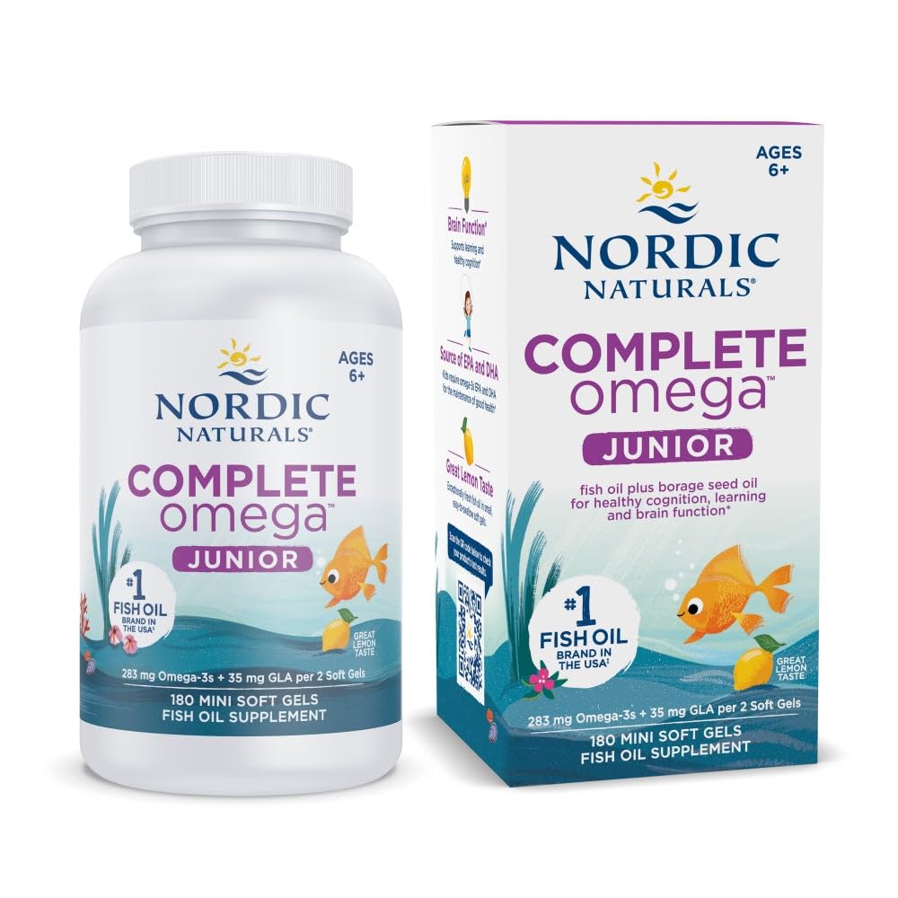 Nordic Naturals Complete Omega Jr., Lemon - 180 Mini Soft Gels - 283 mg Total Omega-3s & 35 mg GLA - Healthy Cognition, Nervous System Function - Non-GMO - 90 Servings Nordic Naturals uk supplements