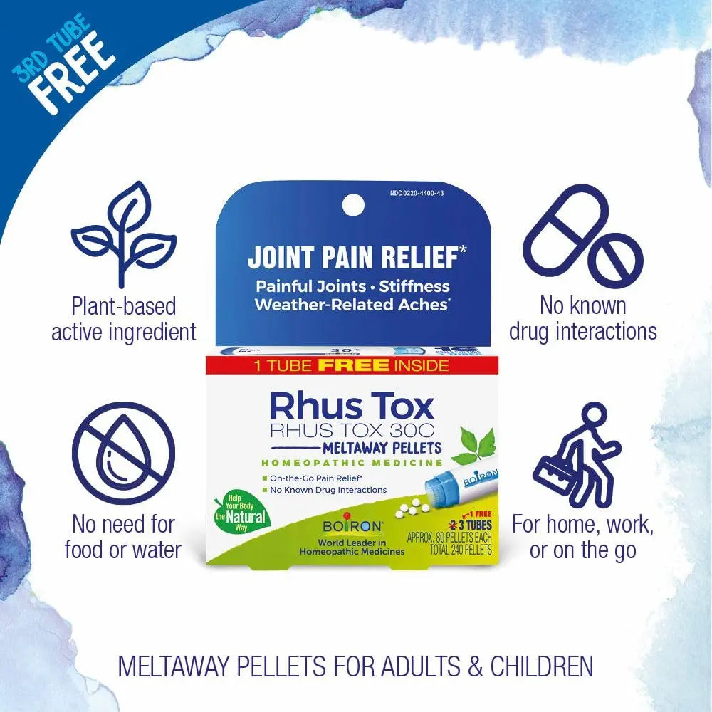Boiron Rhus Tox 30C Homeopathic Medicine for Relief from Joint Pain, Muscle Aches, Swollen or Stiff Joints, and Weather Related Aches - 3 Count (240 Pellets) Boiron uk supplements