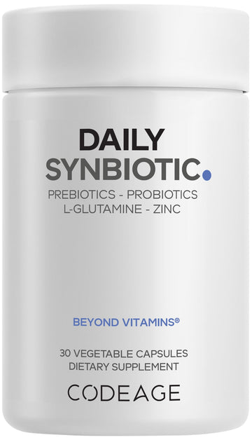 Codeage Daily Synbiotic Supplement - Prebiotics, Lactobacillus & Bifidobacterium Probiotics, L-Glutamine, Zinc L-Carnosine, DGL, Synbiotic Probiotic, BioPerine - Shelf-Stable - 30 Capsules Codeage uk supplements